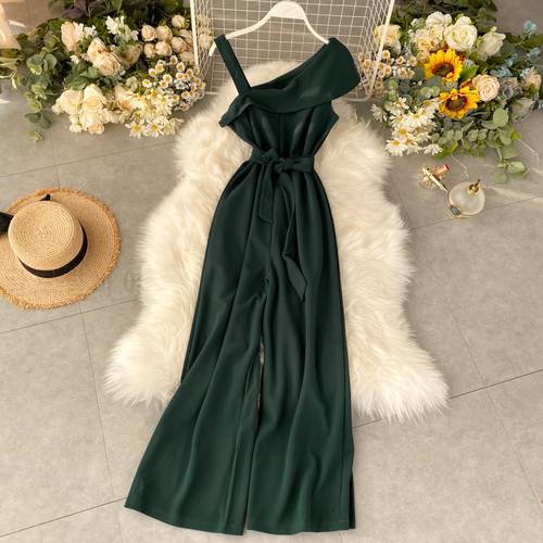 Fashion Ruffles One Shoulder Sexy Summer Full Length Bandage Jumpsuit Casual Spaghetti Strap Women Playsuit Beach Tie Romper