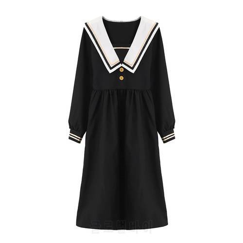 Elegant Dress Women Navy Sailor Collar Long Sleeve Midi Dress Japanese Preppy Style Kawaii Sweet Vintage Patchwork Robe Clothes