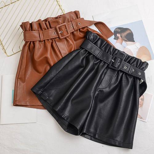 Women 2022 Chic Fashion Faux Leather Shorts Vintage High Waist Female Shorts All-Match Solid Color Loose Casual Shorts