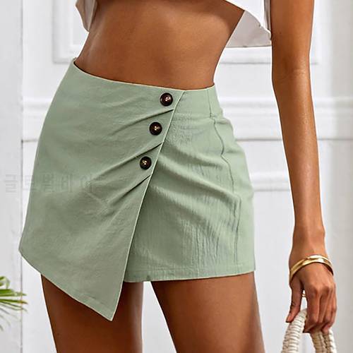 Summer Women&39s Fashion High Waist Cotton Linen Buttons Pure Colors Culottes Fake Two-Piece Zipper Shorts Skirts Bottoms Saiasg3