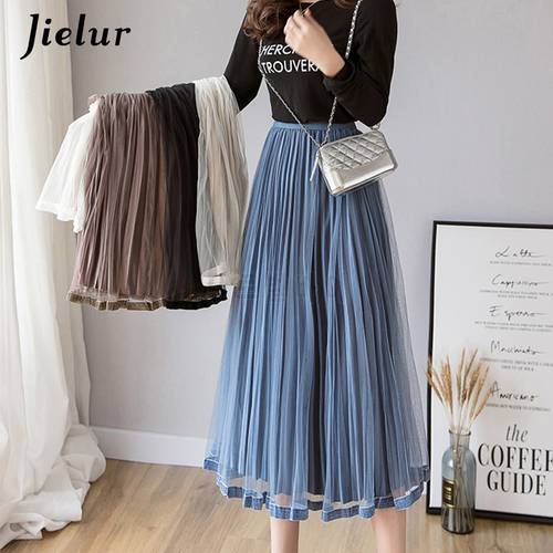 Jielur Mesh Skirt Autumn Winter Velvet Solid Color Elastic Waist Slim Pleated Skirts Womens Chic High Waist Women Skirt