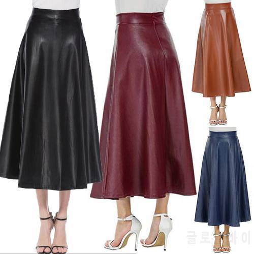 Women Faux Leather Skirt High Waist Zipper Pleated A-Line Large Swing Flare Long Skirt 2022 Winter Vintage Latex Skirt Clubwear