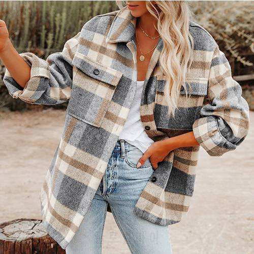 Autumn Winter Brushed Plaid Jacket Women&39s Long Sleeve Flannel Lapel Button Down Pocketed Shacket Jacket Female Pocket Overcoat