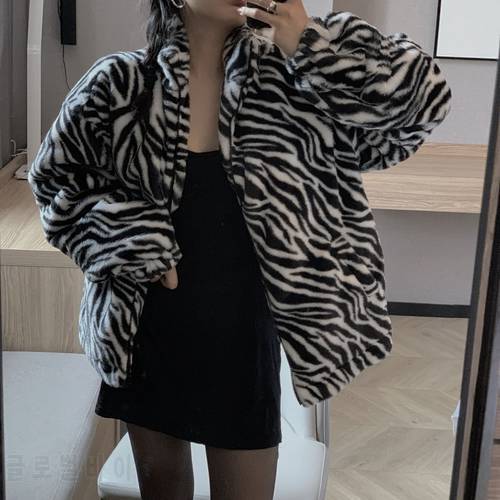 Cotton clothing 2021 new style retro zebra pattern thick plush velvet loose zipper stand collar coat jacket women
