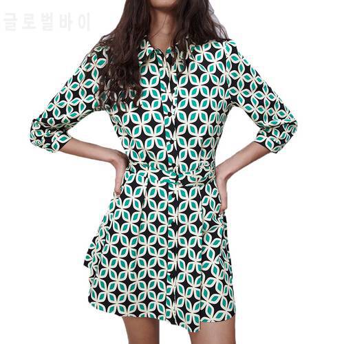Women Chic Fashion Button-Up Draped Midi Shirt Dress Casual Three Quarter Geometric Printing Female Dresses Vestidos