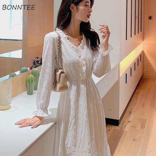 Long Sleeve Dress Solid Lantern Sleeve V-neck Elegant Female Empire Mid-calf Simple Button Pearls Causal Fashion College Chic