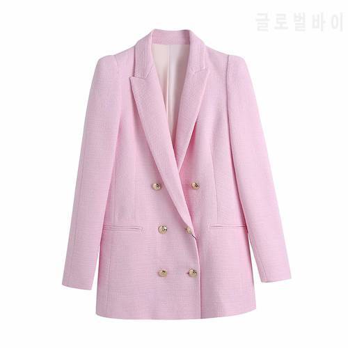 Evfer Spring Autumn Fashion Girl Double Breasted Za Pink Long Blazer Outwear Women Stylish Long Sleeve Slim Woolen Jackets Chic