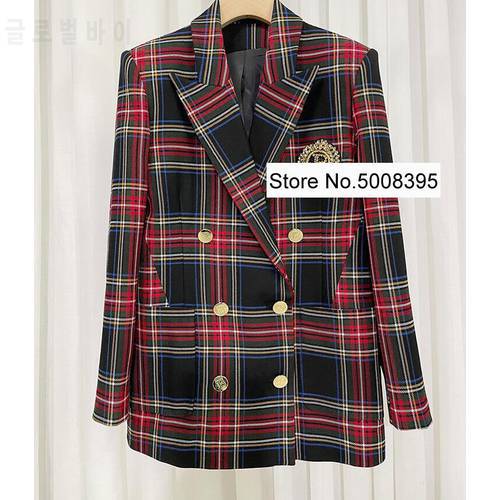 Amazing Woman Red Checked Blazer Gold Buttons Double Breasted Long Sleeves Gem Rhinestone Appliques Fashion Suit