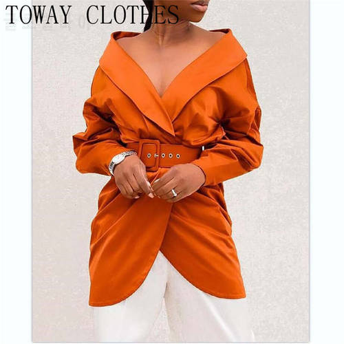 Notched Neck Long Sleeve Ruched Coat With Belt Chic Blazer Solid Color Plain For Women 2021