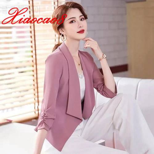 Summer Three Quarter Short Chiffon Blazer Women Solid Slim Thin Jacket Coat Femme Solid Elegant Cardigan Korean OL Style Suit