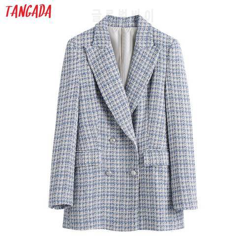 Tangada Women 2021 Winter Office Lady Blue Tweed Thick Blazer Coat Vintage Double Breasted Female Outerwear BE579