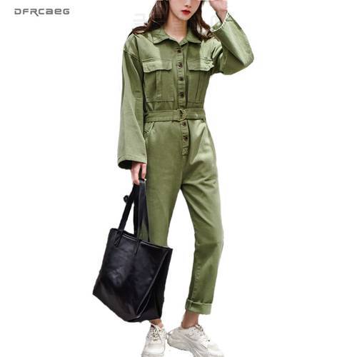 Army Green Vintage Jeans Jumpsuit For Women 2020 Autumn Loose High Waist Long Denim Romper Wide Leg Pants Strretwear Overalls