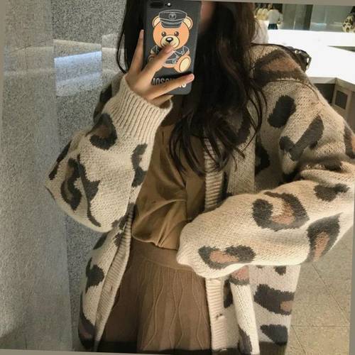Woman Sweaters Cardigan Leopard-Print Sweater Coat Loose Spring V-neck Long-Sleeved Knitted Cardigan Sueters De Mujer