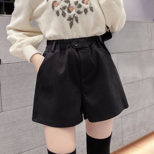 Winter Fall Korean Style Womens Clothing Stretchy High Waisted Black Grey Woolen Shorts , 4xl Wide Leg Wool Shorts for Woman