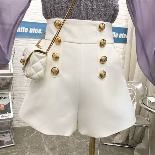 Spring Black White Shorts Women Double-breasted Casual High Waist A-Line Wide Leg Shorts Female Autumn