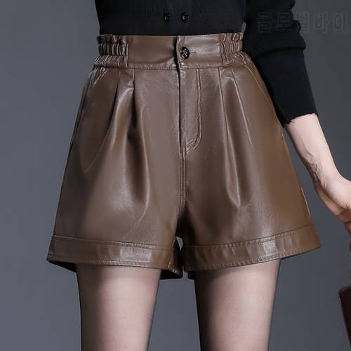 2021 Winter Fall Women Stretchy High Waisted Black Pu Leather Shorts , Autumn 4xl Fashion Wide Leg Shorts for Woman