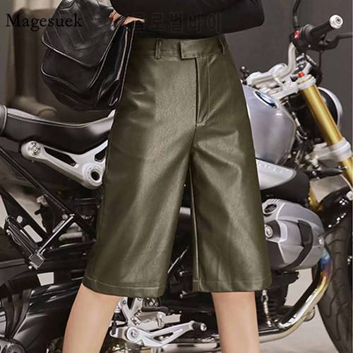High Waist Elegant Casual Overalls Streetwear Motor Fashion Trouser British Style Autumn Winter Women PU Leather Short 11334