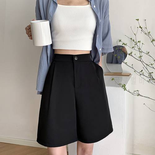 Women&39s summer shorts 2021 high waist women loose white solid color five-point long office loose casual women shorts black candy