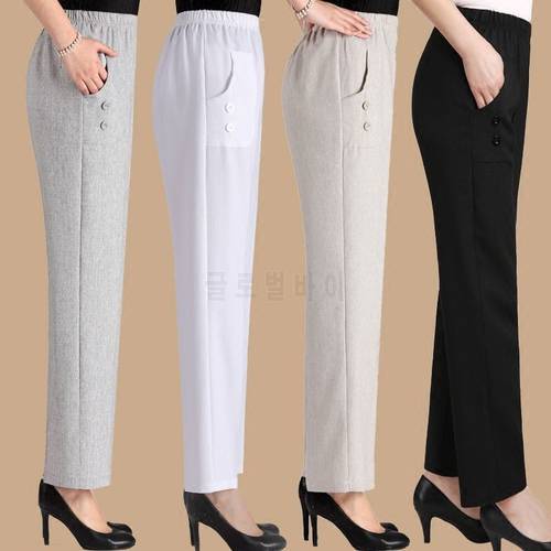 Middle Aged Female Pants Spring Summer Loose Mother Cotton Linen Straight Pant Women Elastic High Waist Thin Trousers 5XL W2231