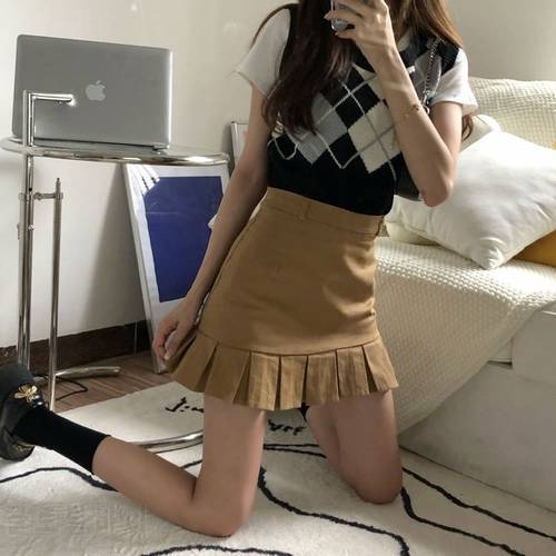 HOUZHOU Korean Fashion Pleated Mini Skirt Women Cute Casual Preppy Style High Waist Solid A-line Short Skirt for Girls Summer