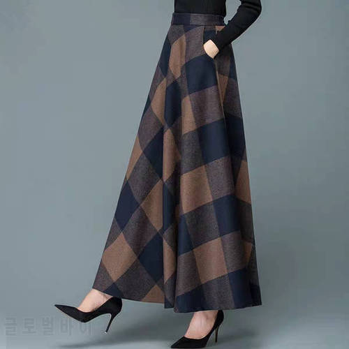Autumn Winter High Waist Plaid A- line Skirt Long Woman Skirts Mujer Faldas Saias Mulher