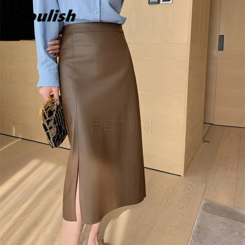 Seoulish 2022 New PU Leather Women&39s Long Skirt Autumn Winter High Wasit Skirt Female Straight Side Split A-line Pencil Skirts