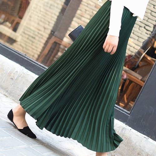 Pleated Solid Pleated Skirts Womens Elegant Midi Vintage Harajuku Elastic Waist Skirt Korean Fashion Faldas Largas Юбка Женская