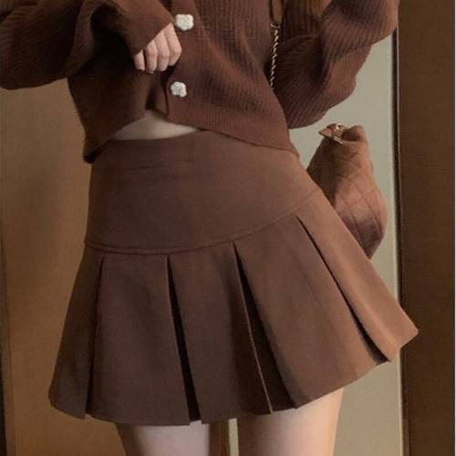 HOUZHOU Vintage Brown Pleated Skirt Women Spring 2022 Korean Style Y2K High Waisted A-line Mini Skirts Preppy Style Girls Causal