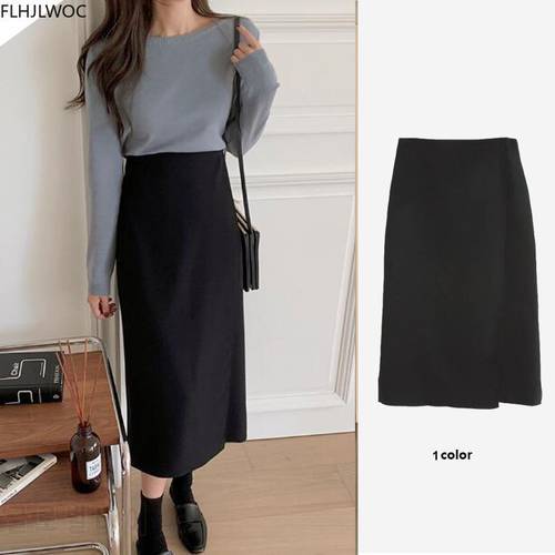 Women Fashion Korean Clothing New Design Iregular Black High Waist Long Skirts N778