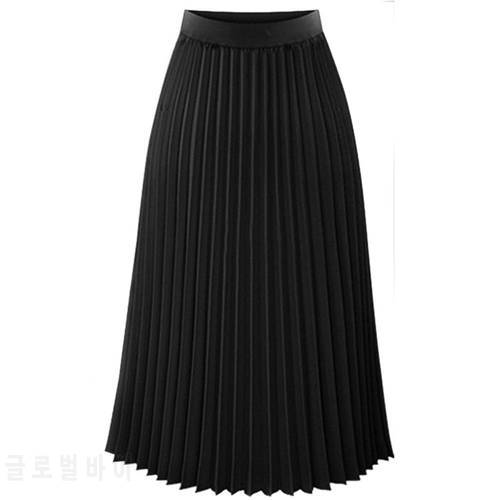 Vintage Skirts Womens 2021 Solid Pleated Pleated Black Skirt Elegant Midi Elastic Waist Maxi Skirt Юбка С Высокой Талией