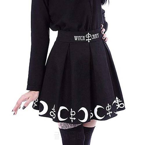 Vintage Skirts Womens 2021 Gothic Pleated Punk Black Skirt Witchcraft Moon Magic Spell Symbols Pleated Mini Skirt Мини Юбки