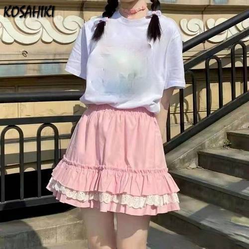 KOSAHIKI High Waist Mini Skirt Japan Cute Sweet Faldas Mujer Moda 2023 High Quality Lace Patch Pleated Skirts Women Summer Saia