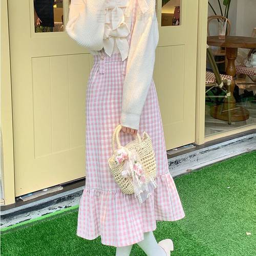 HOUZHOU Kawaii Woolen Pink Plaid Mermaid Skirt Women Autumn Japanese Sweet Elegant High Waist Slim Strap Long Skirts Soft Girl