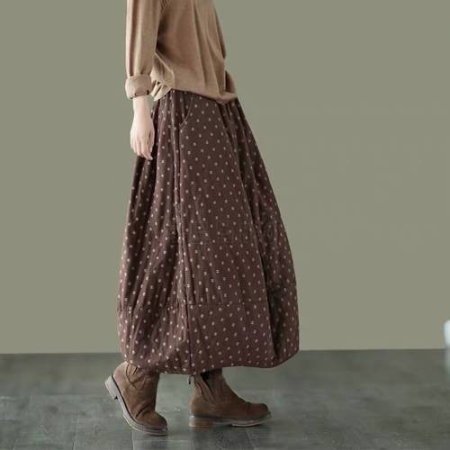Women Loose Polka Dot Padded Skirts Ladies Vintage Elastic Waist Skirt Female Cotton Linen Winter Skirts 2022