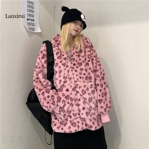 2021 Women&39s Pink Leopard Print Jacket Faux Plush Plush Hooded Jacket Oversized Animal Print Hoodie jacket women