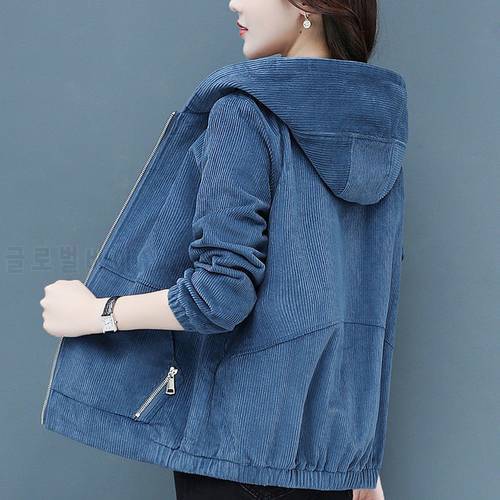 Women Corduroy Jackets Loose Outwaer Female Casual Middle-aged Mother Hooded Overcoats R811 Spring Autumn Plus Size Solid Color