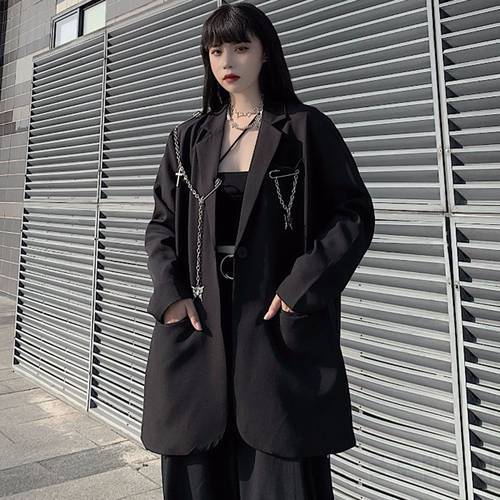 Harajuku Autumn Women Jackets Black Oversized Gothic Punk Hip Hop Solid Vintage Blazer Coats Women Chic Chain Loose Suit Jacket