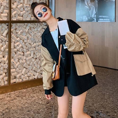 [EWQ] Pocket Long-sleeved Blazer Autumn 2023 16E1333 Korea Chic Casual Trend Women Lapel Contrast Color Stitching Loose Fashion