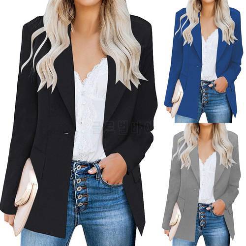 Women Solid Open Front Pockets Cardigan Formal Suit Long Sleeve Blouse Coat Ladies Business Wear Three-color Blazer 2022