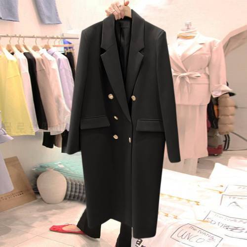 [EWQ] Double Breasted Long Sleeve Trend Women Office Lady Long Blazer Notched Unique Clothing High Quality Overcoats autumn 2023