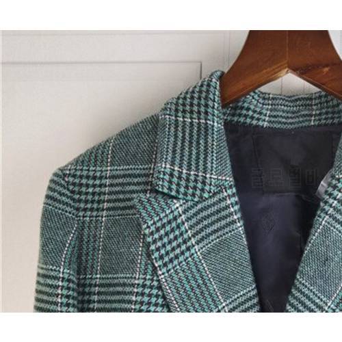 Women Green Plaid Woolen Suit Coat Double Breasted Straight Loose Lady Office Blazer Cardigans Autumn Winter New 2021