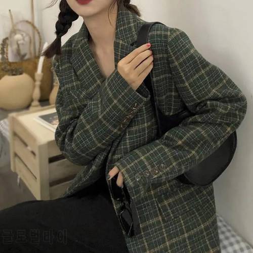 Zadily Vintage Women Chic Office Lady Single Breasted Plaid Blazer Coat 2021 Winter Notched Collar Long Sleeve Outerwear Tops