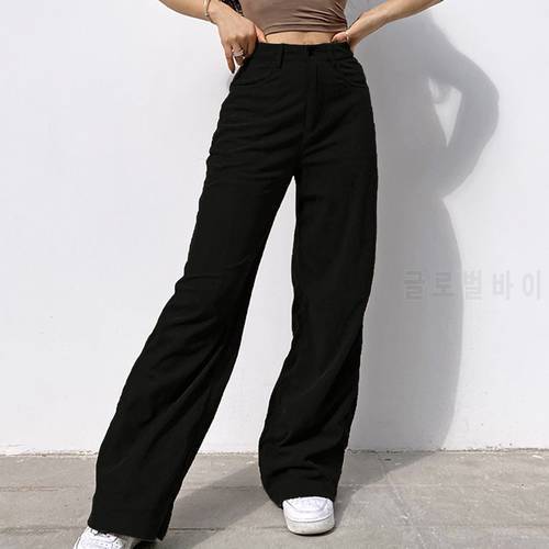 Autumn Women’s Solid Jeans Mid Waisted Wide Leg Pants Straight Casual Baggy Trousers Casual Loose Full Length Pants