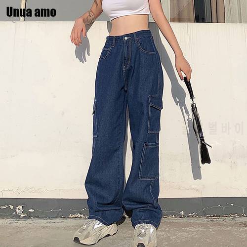 Unua amo Vintage Women&39s Jeans High Waist Baggy Jeans Streetwear Multi-pocket Cargo Pants Denim Straight Trousers Casual джинсы