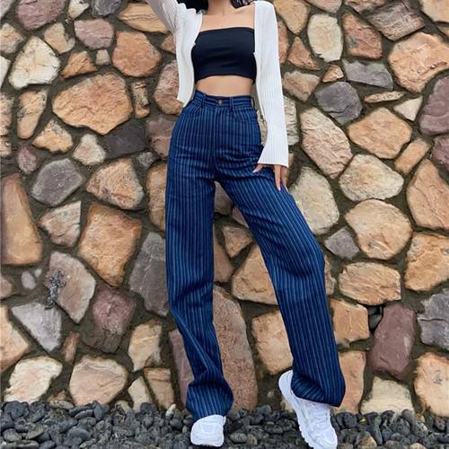 High Waist Loose Straight Jeans Woman 2XL Casual Striped Mom Jeans Washed Boyfriend Jeans Femme
