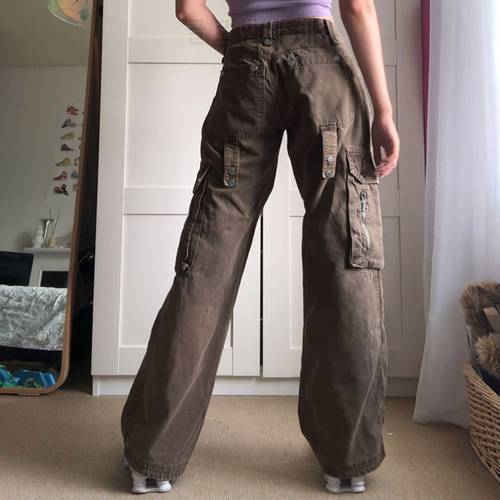Workwear lace-up multi-pocket thin loose comfortable mid-waist jeans Y2K retro khaki hot girl American wide-leg pants women