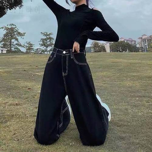 Vintage high waist black jeans women Korean version of ins loose and thin wide-leg pants college style wild straight-leg pants