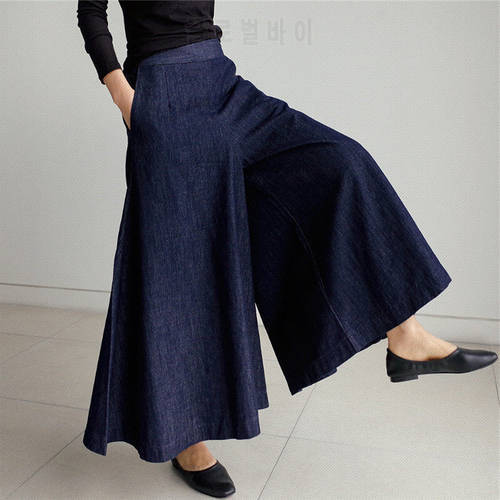 Qooth 2022 Women High Waist Over Length Jeans Pants Loose Trousers Pockets Elastic Waist Female Wide Leg Denim Pants QT208