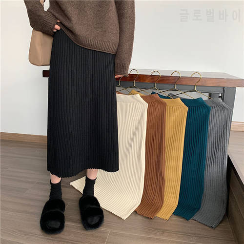 Skirt Autumn Winter New Mid-Length Vintage Skirt Children Korean Slimming Knitted A- line Skirt Pleated Skirt Mujer Faldas