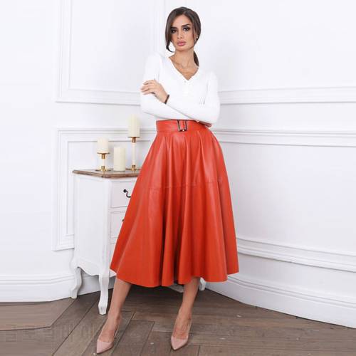 Moarcho Women Pu Leather A-Line Skirts Summer Solid Color Belt Fashion Office Lady Elegant Party Club Skirt 2021 New Arrival